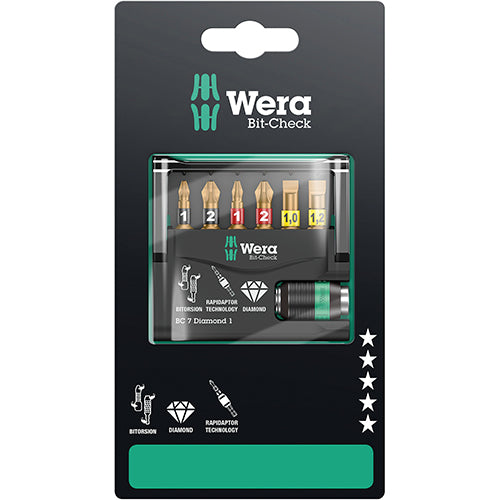 Wera 05073419001 Bitcheck 7 Diamond 1 SB Pozidriv/Phillips/Slotted BDC 7Pc Carded