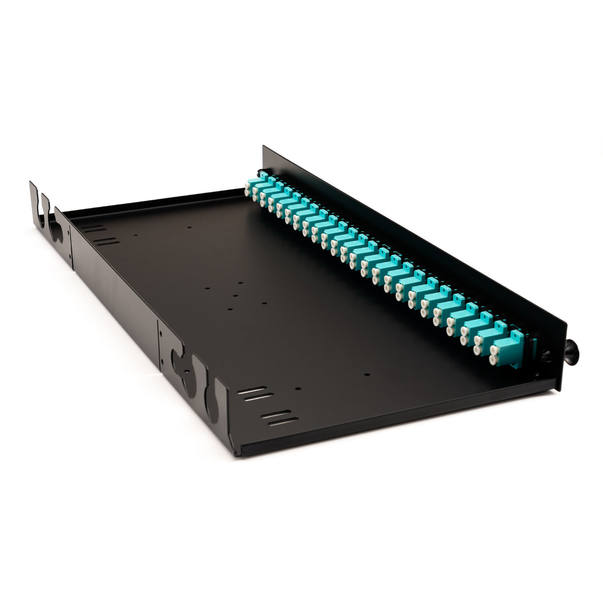 Black fibre optic patch panel with LC adapters. The image is taken from a three quarter side view showing the inside of the tray and the rear of the panel.