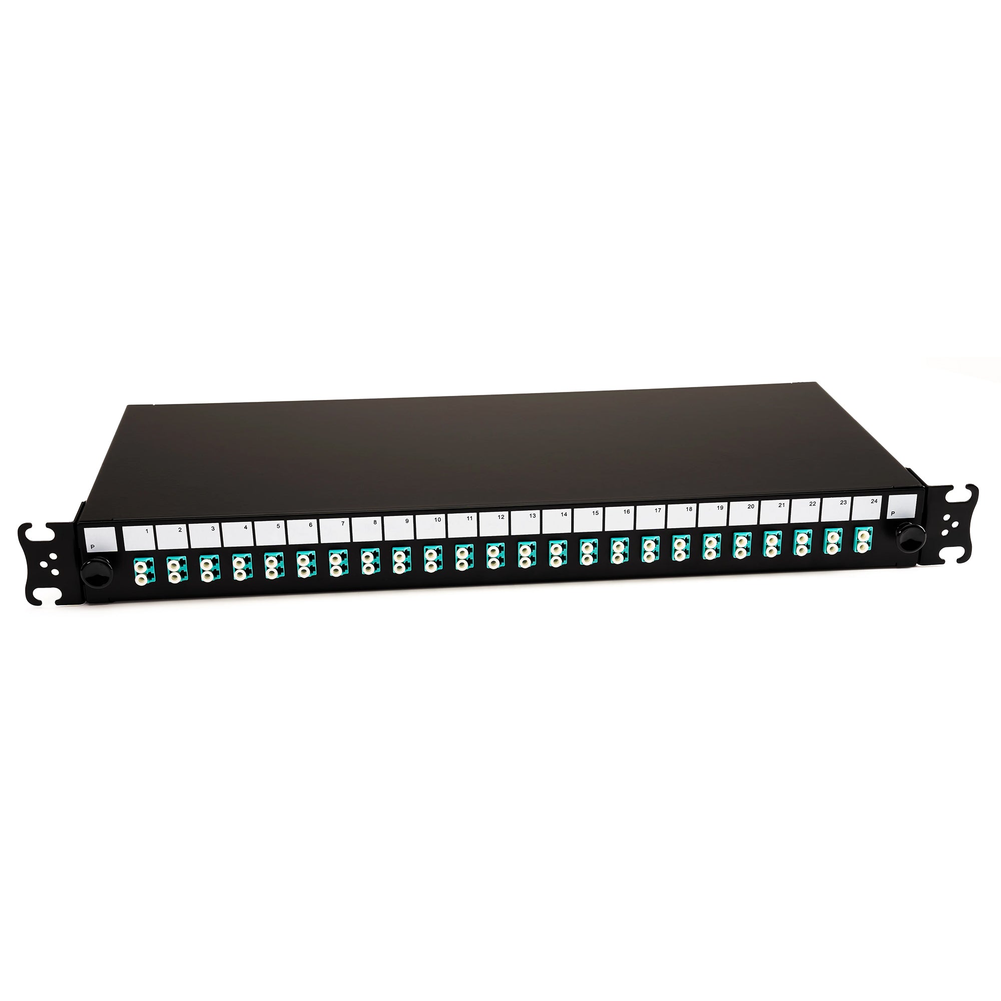 A black 1U 19-inch multimode duplex sliding patch panel with LC connectors for fiber optic cables.
