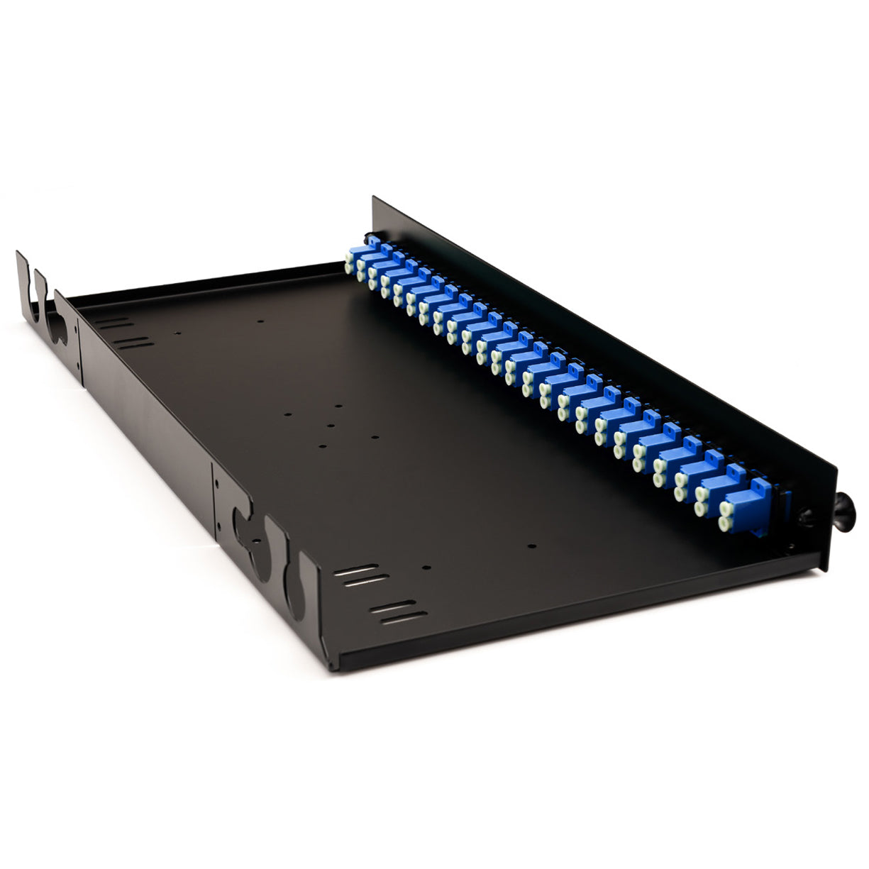 A black 1U 19-inch singlemode duplex fiber optic patch panel taken from the rear with LC connectors and blue adaptors.