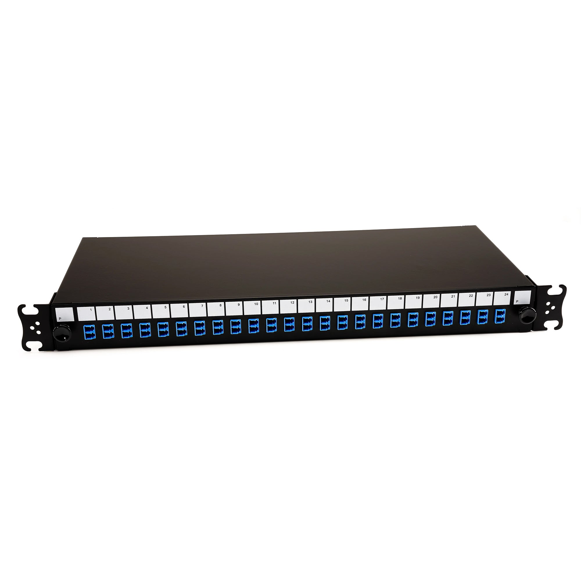A black 1U 19-inch singlemode duplex fiber optic patch panel with LC connectors and blue adaptors.