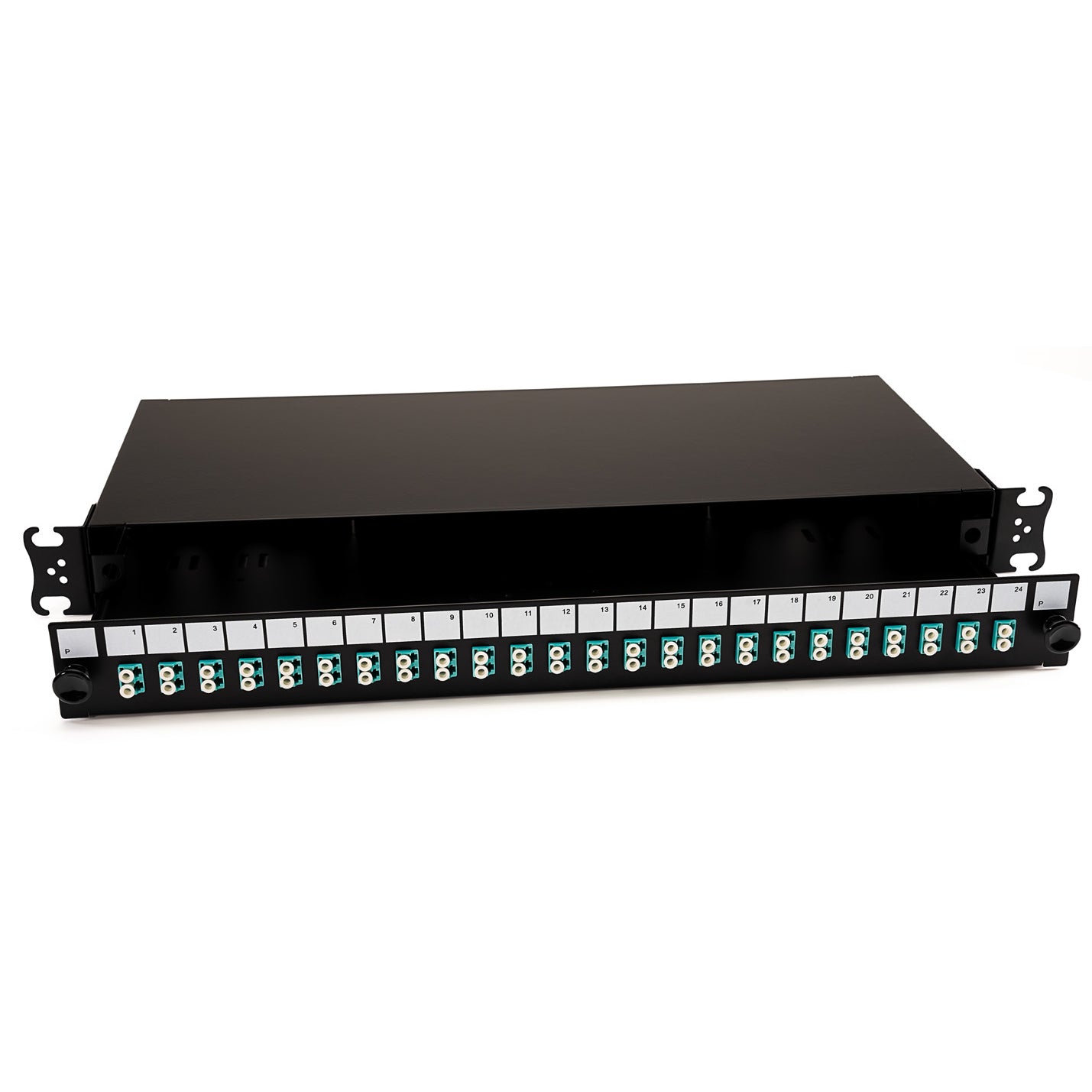 A black fibre optic patch panel with LC multimode adapters in aqua. Image is taken from the front, with the tray slid out to show it's detachable capability.