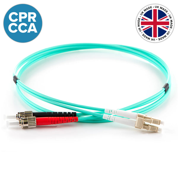 UK Made OM3 Multimode Duplex LC-ST Cca-s1a,d1,a1 Fibre Patch Lead Aqua