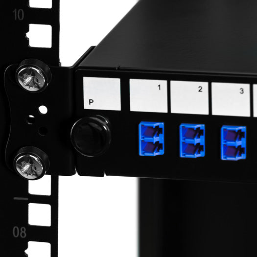 Close up shot of a black 1U 19-inch singlemode duplex fiber optic patch panel with LC connectors and blue adaptors.