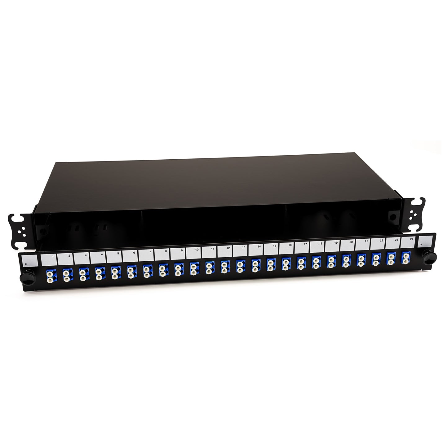 A black 1U 19-inch singlemode duplex fiber optic patch panel with LC connectors and blue adaptors. The tray is slid out to show how it comes away.